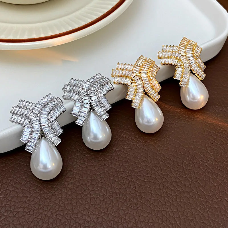 Madeline Crystal Bow Pearl Earrings