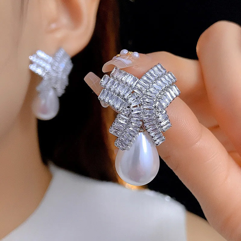 Madeline Crystal Bow Pearl Earrings