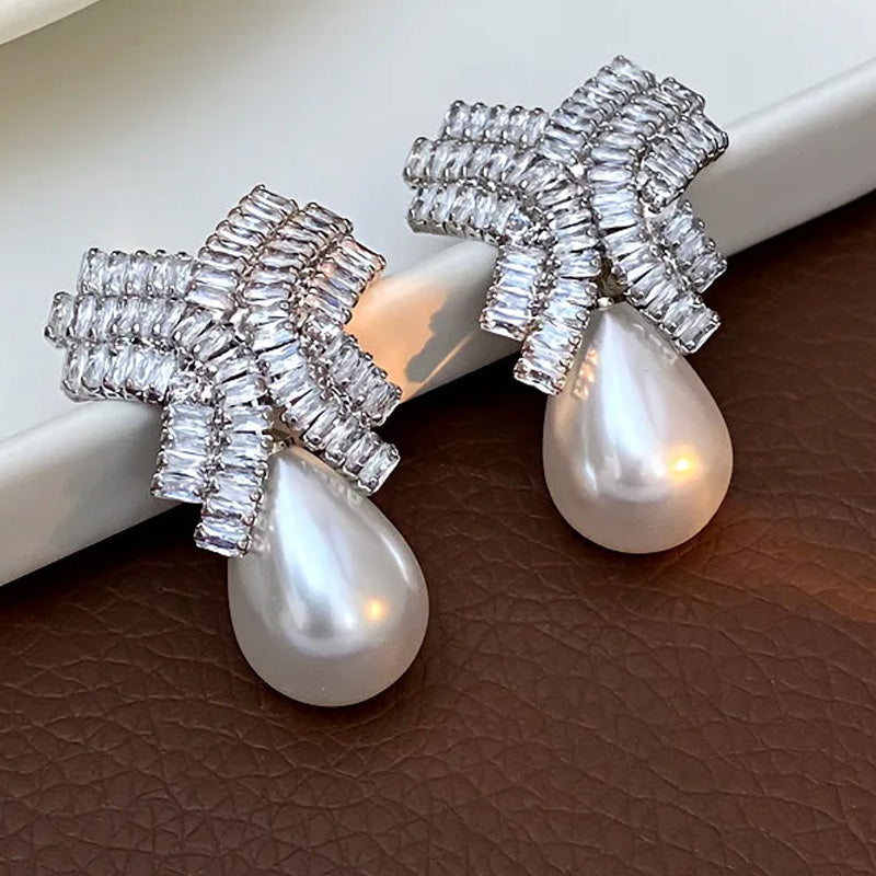 Madeline Crystal Bow Pearl Earrings