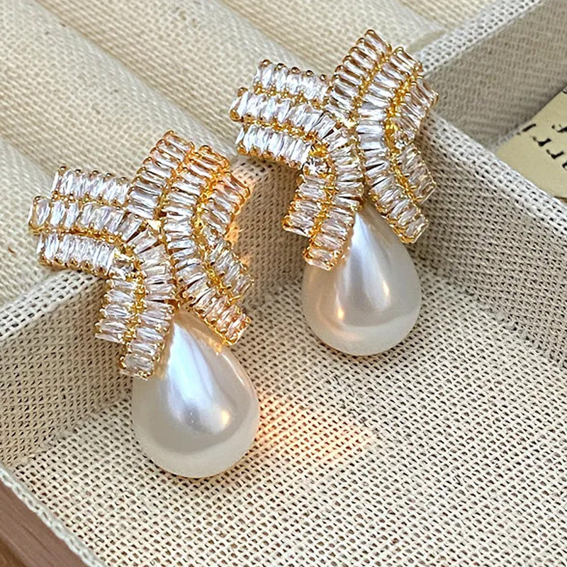 Madeline Crystal Bow Pearl Earrings